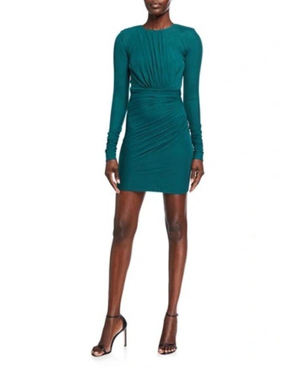 Herve Leger Green Ruched Jersey Long Sleeve Bodycon Party Mini Dress Size XXS